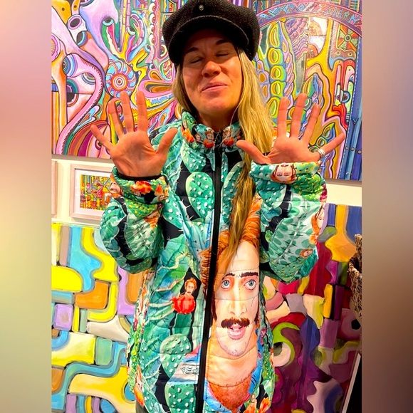 Nicolas Cage Raising Arizona Trippy Cactus Puffer - 80s Coen Bros Pop Art Jacket - Picture 3 of 17